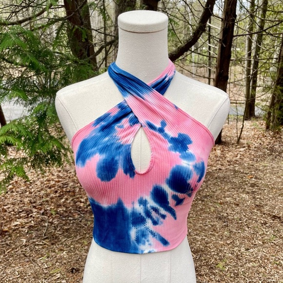 NWOT Cotton Candy Tie Dye Ribbed Tank Top Convertible Keyhole Asymmetrical Crop - Picture 5 of 15